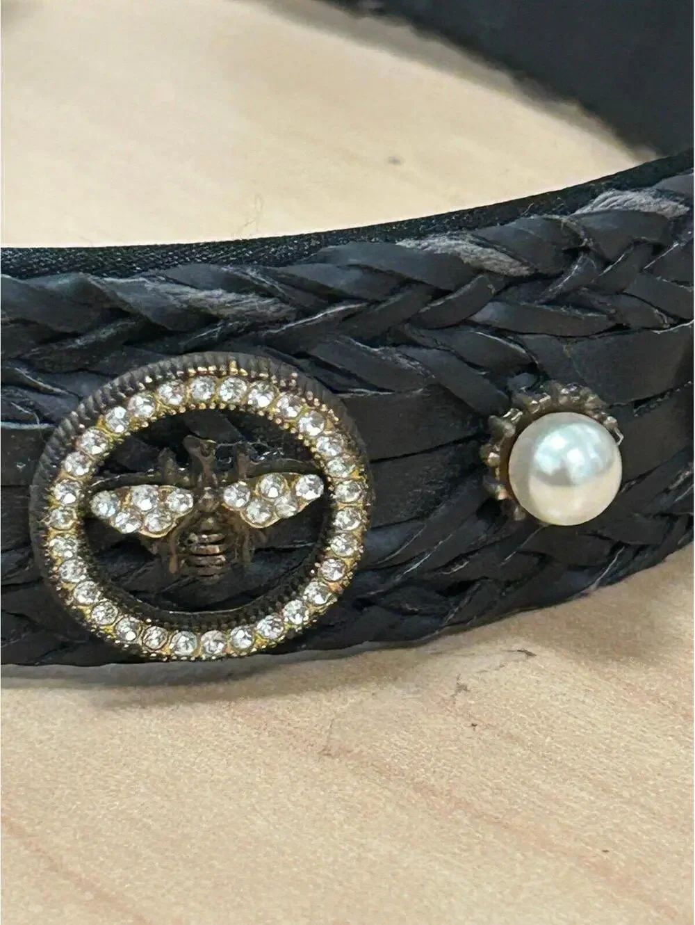 Headband with pearls, rhinestones, and bumblebees